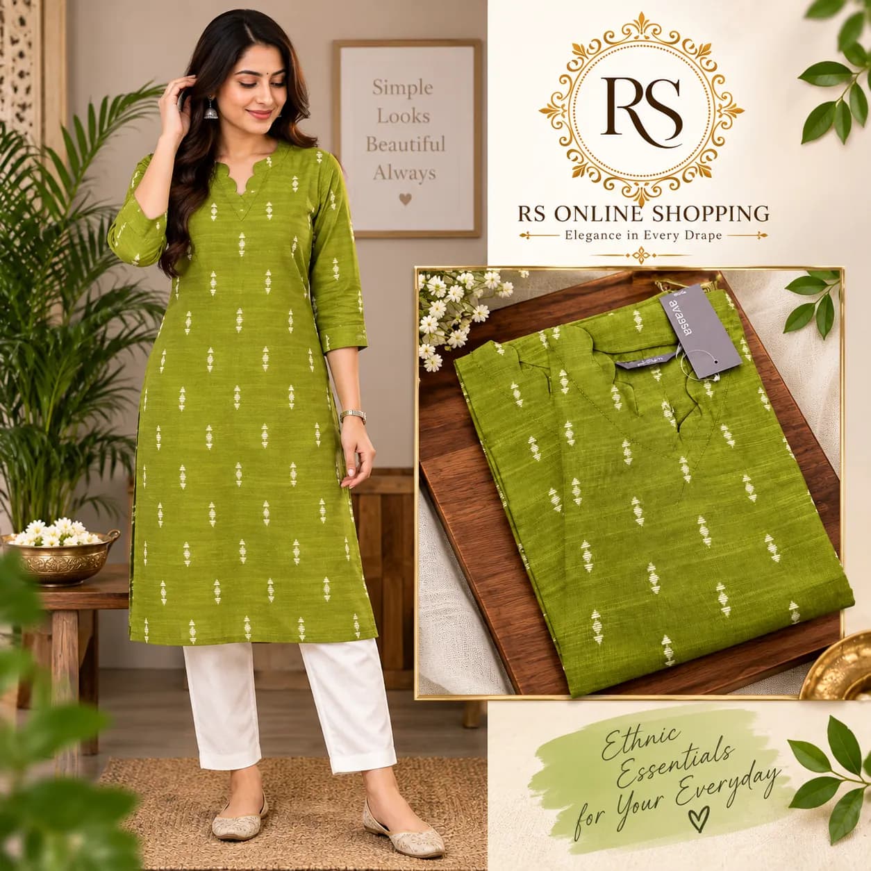 Kurtis Raw Silk Fabric Avaasa Brand Top Only(S- Parrot Green)
