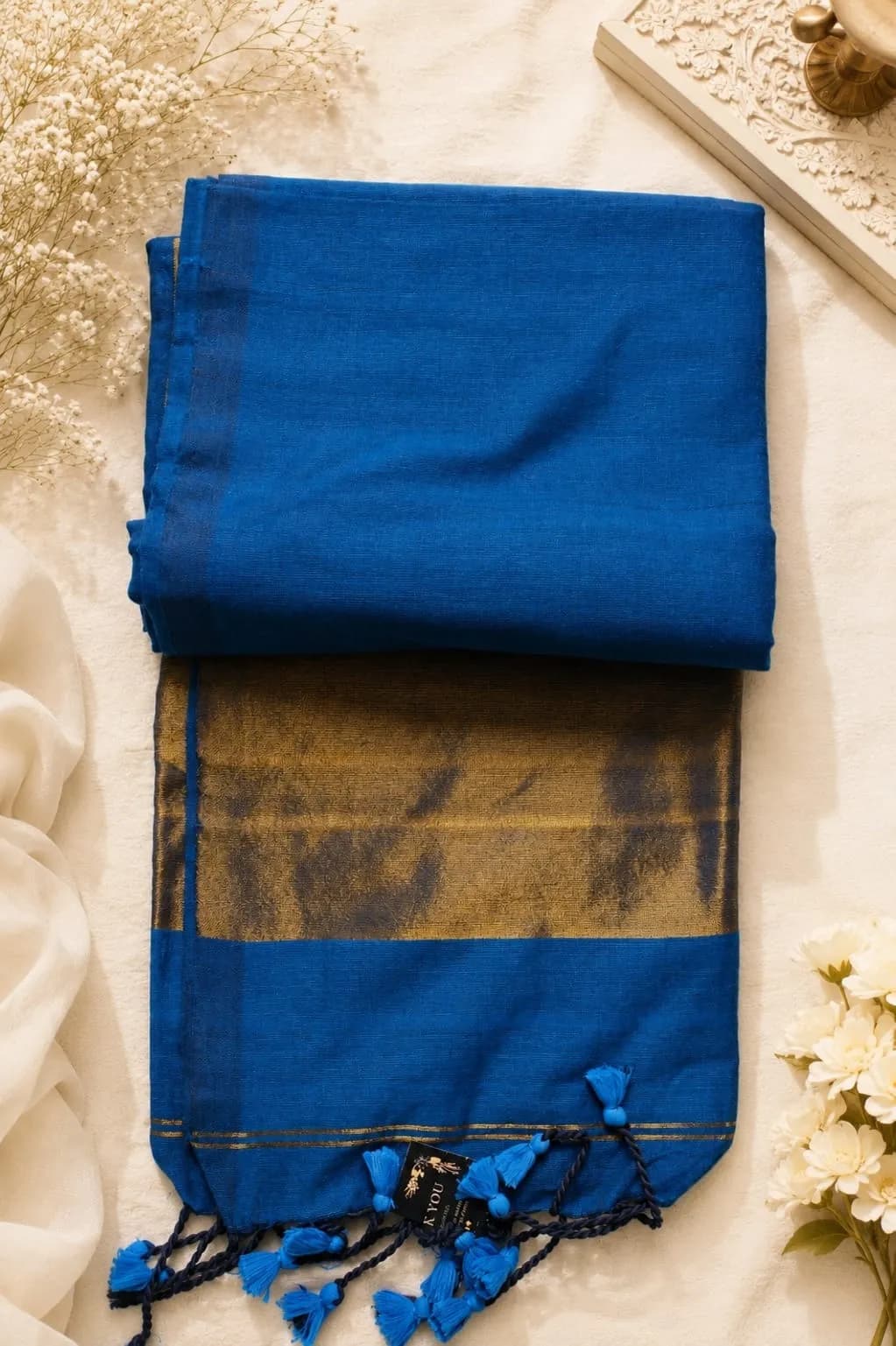 Khadi Cotton Saree Plain(Blue Colour)