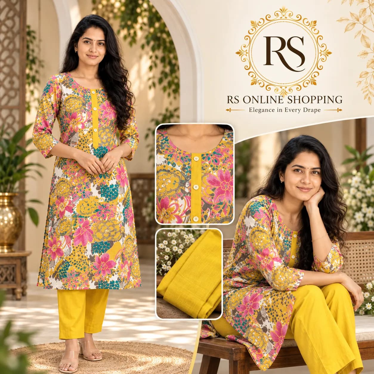 Linen Fabric 2PC Set Kurta(S - Yellow)