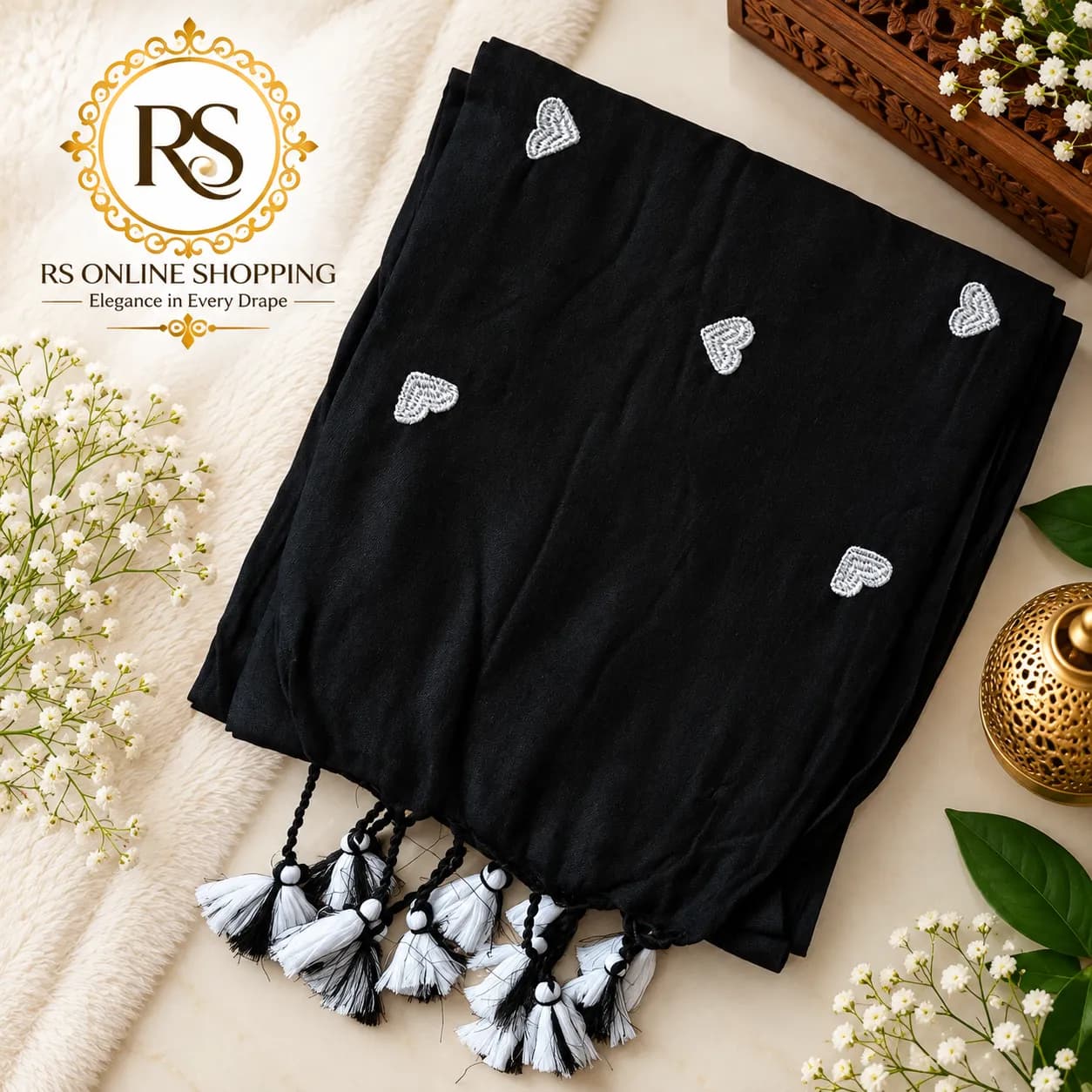 Khadi Cotton Embrodery weaving Heart Design(Black)