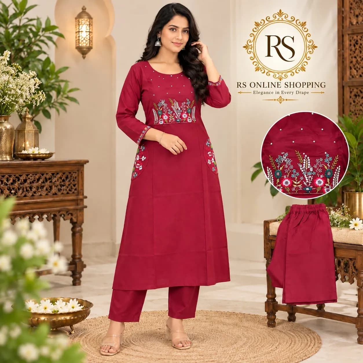 Dabbu Cotton 2Pc SET Avaasa Brand Raw Silk(S - Red)