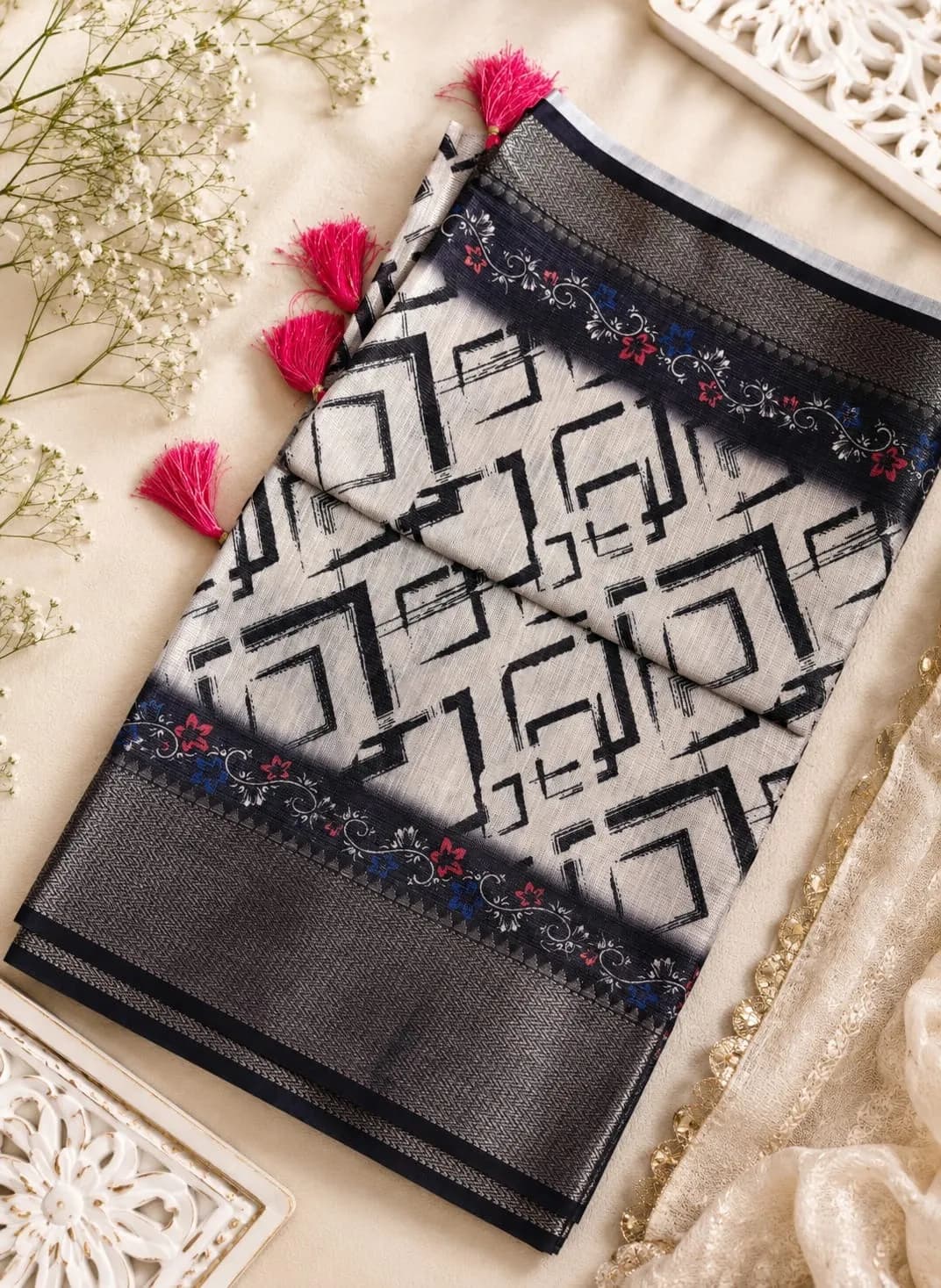 Tussar Silk Kalamkari(Black with red)
